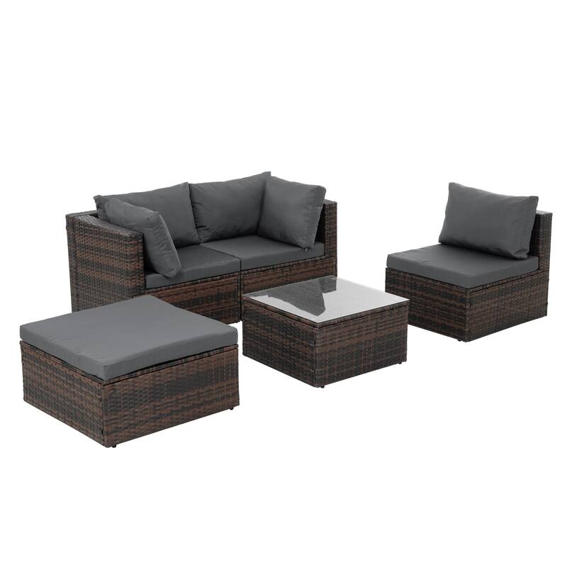 GDFStudio - Stylish 5-Piece Outdoor PE Wicker Patio Set with Tempered Glass Coffee Table, Seats 4