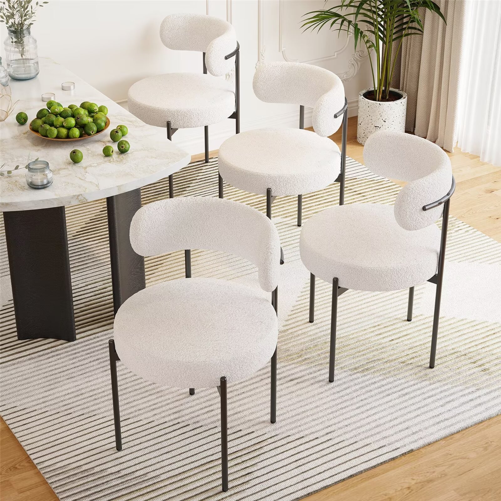 Curved Backrest Round Upholstered Sherpa Dining Chairs with Metal Legs (Set of 4)
