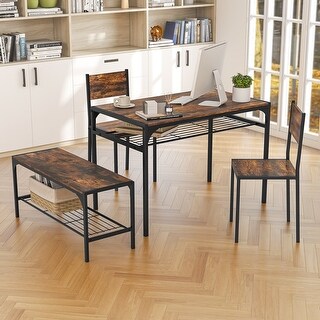 Industrial Style Rectangular Kitchen Table with Bench and Chairs-Walnut