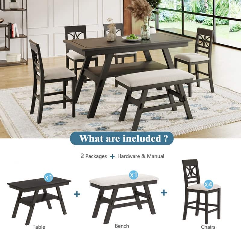 Rustic 6-Piece Counter-Height Dining Set – Wood Table with Storage Shelf, Bench & 4 Matching Chairs‌