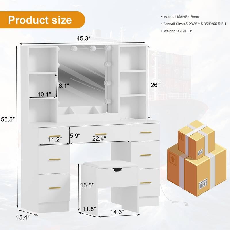 56" Farmhouse Makeup Vanity Set with Lighted Mirror, Charging Station, 7 Drawers