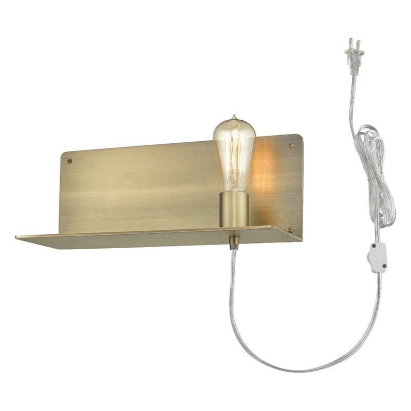 Dull Gold Plug-in Wall Sconce with Shelf and LED Compatible Metal Fixture for Entryway or Office - 6" H x 15" W x 5" D