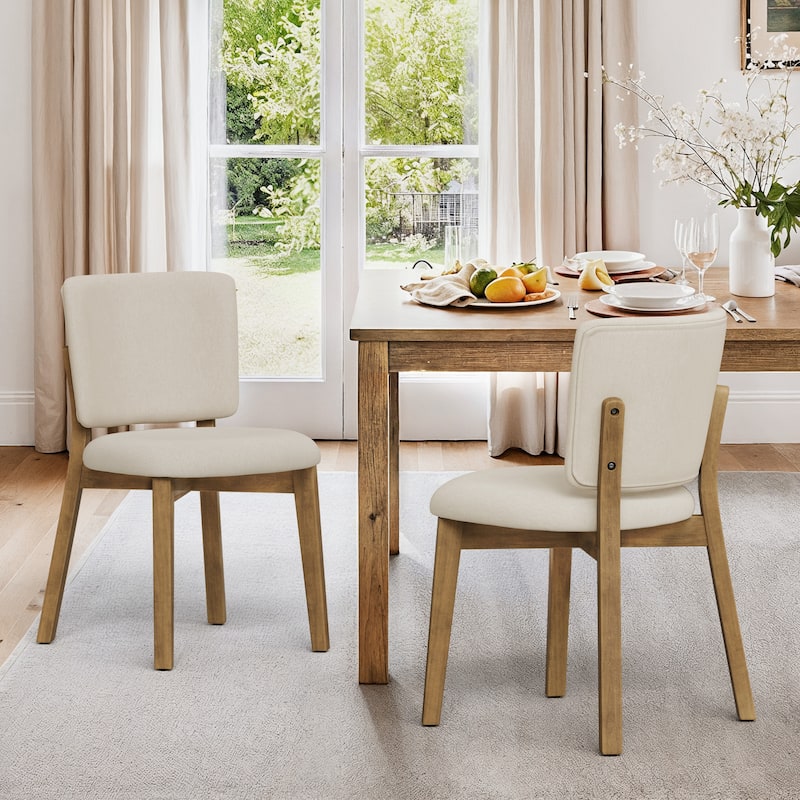 Fabric Upholstered Dining Chairs Set of 2/4 with Wooden Legs, Modern Kitchen Dining Chairs with Back, Walnut Flaxen - Beige Sand - Set of 2