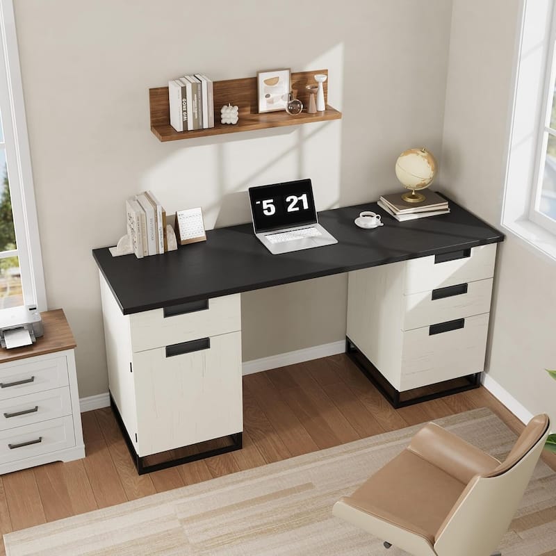 Executive Home Office Computer Desk with File Drawers and Storage Cabinet - Black