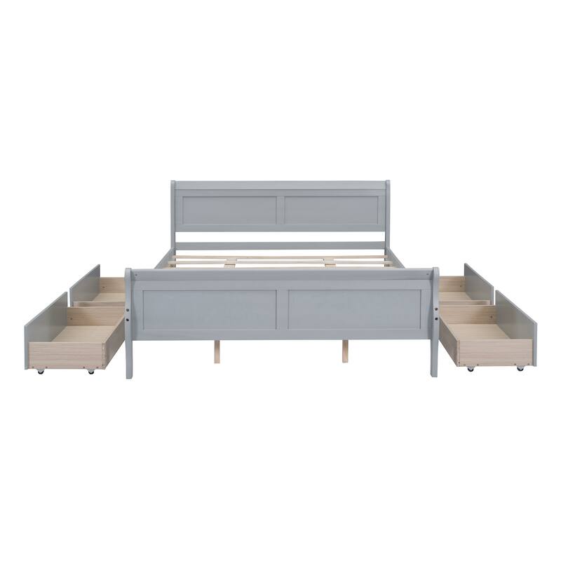 Wood Platform Bed with 4 Drawers and Streamlined Headboard & Footboard