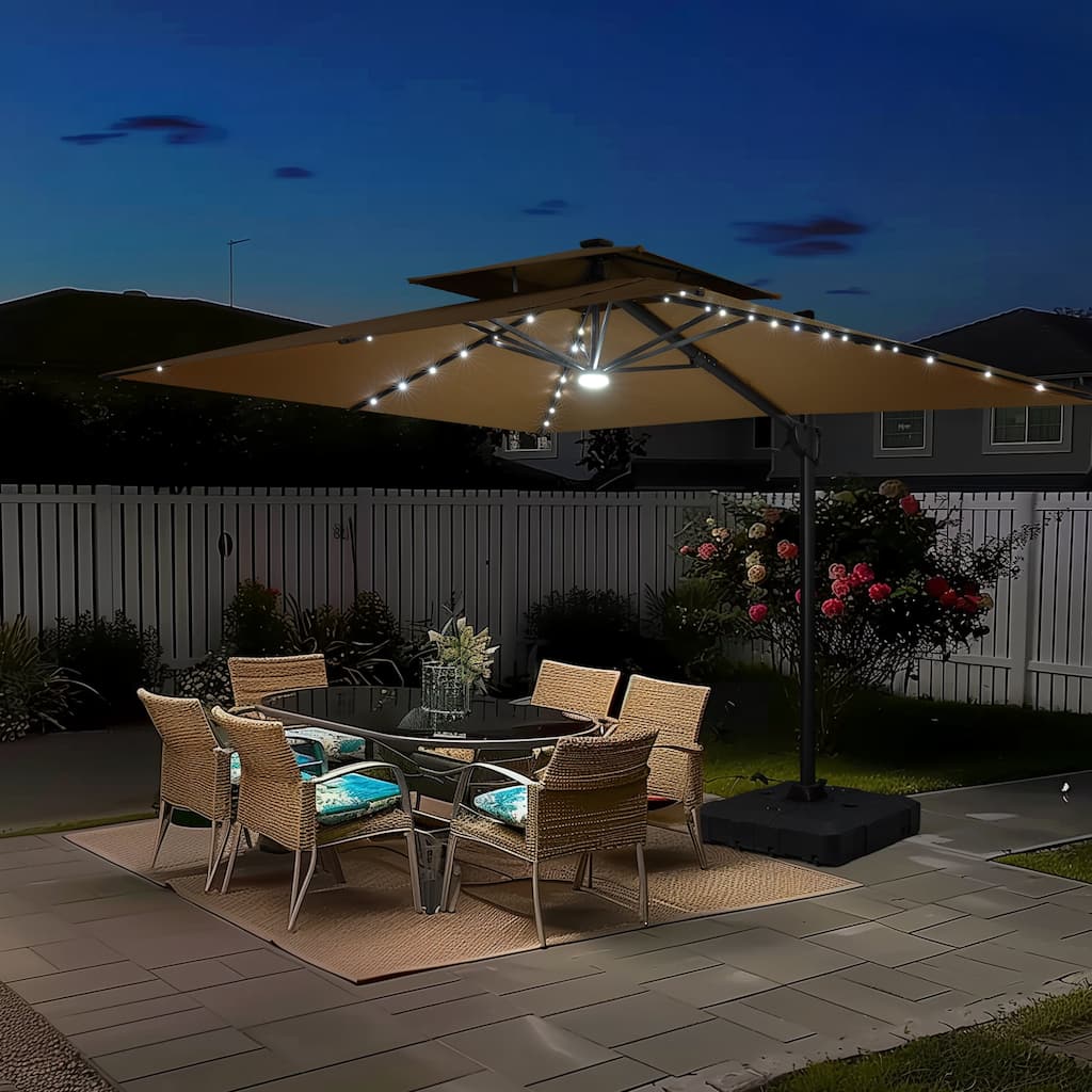 9 FT x 11 FT Outdoor Dual Top Patio Cantilever Umbrella LED Light with Wheel Base