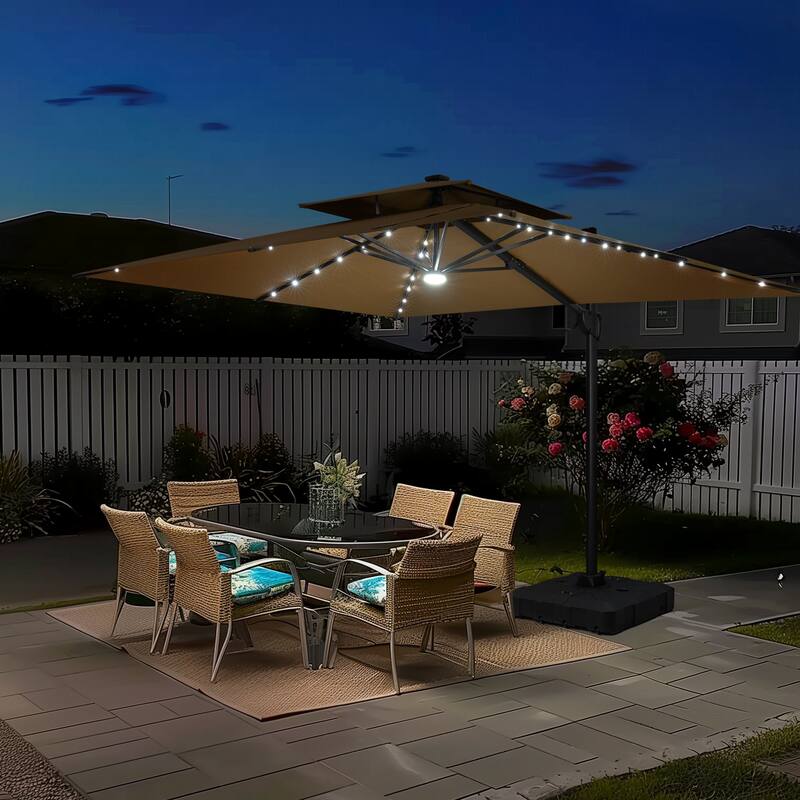 9 x 11 FT Outdoor LED Lighted Double Top Patio Cantilever Umbrella with Base