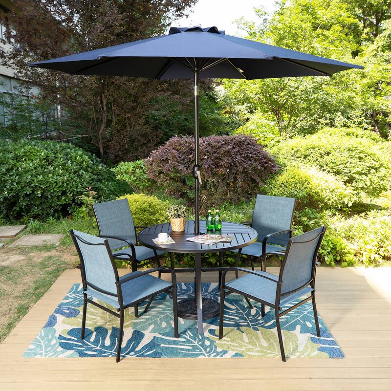 MAISON ARTS 6-Piece Patio Dining Set, Geometrically Stamped Round Table and 4 Textilene Dining Chairs with 9ft Patio Umbrella