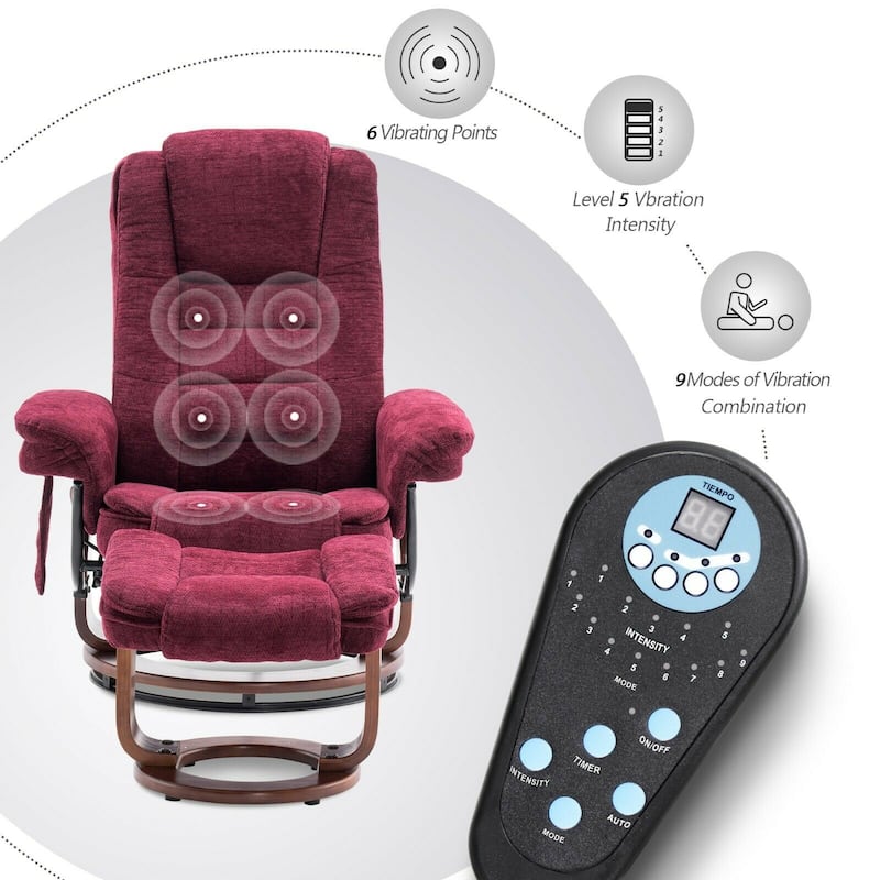 Mcombo Recliner Chair with Ottoman, Fabric Accent Chair with Vibration Massage, Swivel Chair with Wood Base, for Room 9099