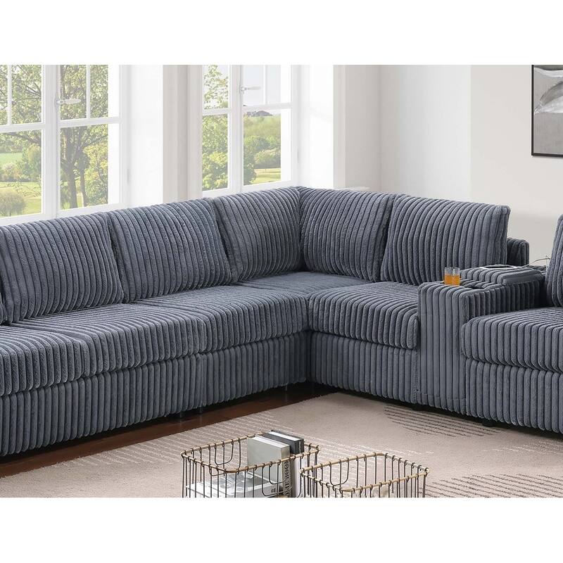 119" Modern L-Shaped Corduroy Sectional Sofa with USB Ports and Cup Holder
