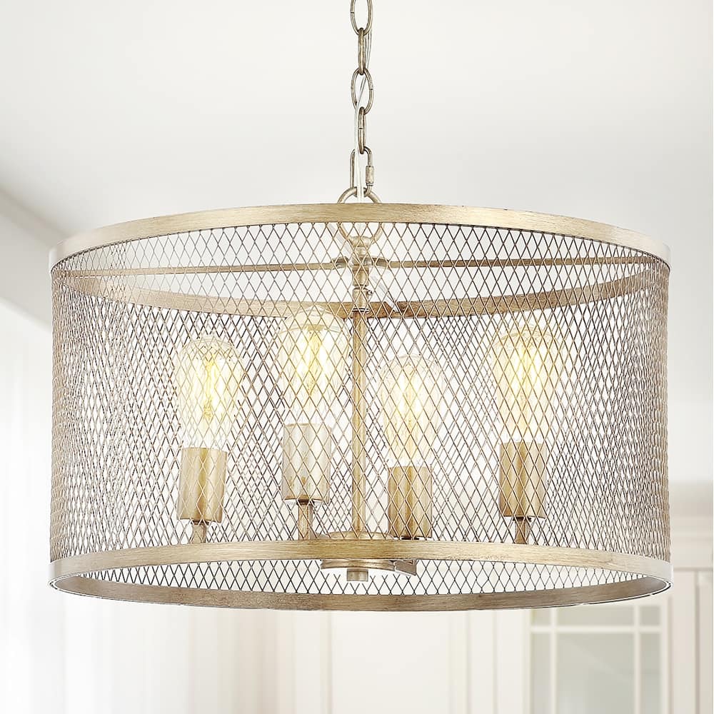 Nile 4-Light 20" Iron Adjustable Industrial Mesh LED Pendant, Gold by JONATHAN Y