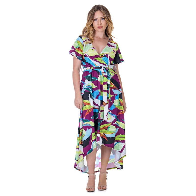 24seven Comfort Apparel Womens Colorful Floral V Neck Belted High Low Faux Wrap Dress - Plum - XL