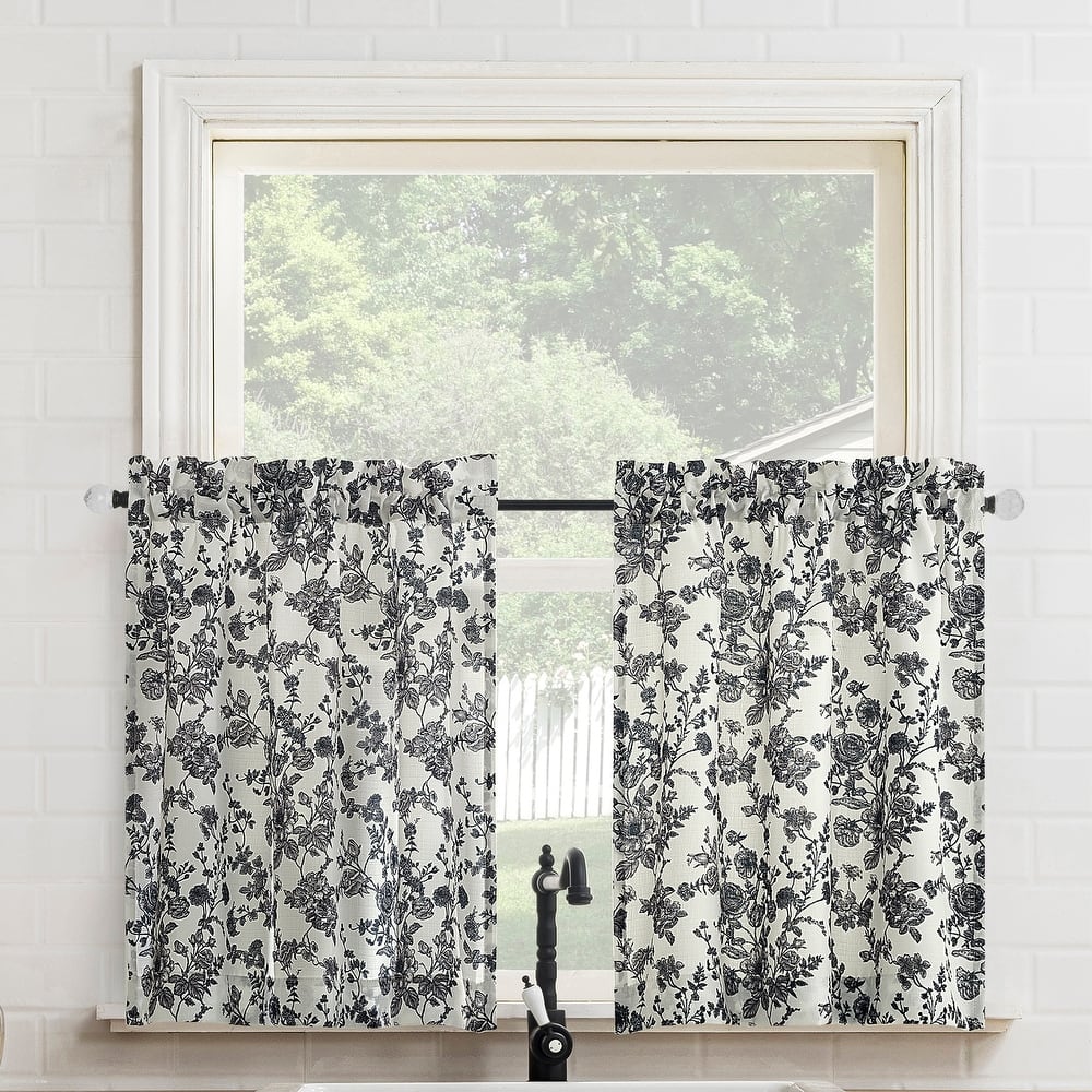 No. 918 Elara 2-pack Tonal Botanical Semi-Sheer Rod Pocket 2-Piece Kitchen Curtain Tier Pair