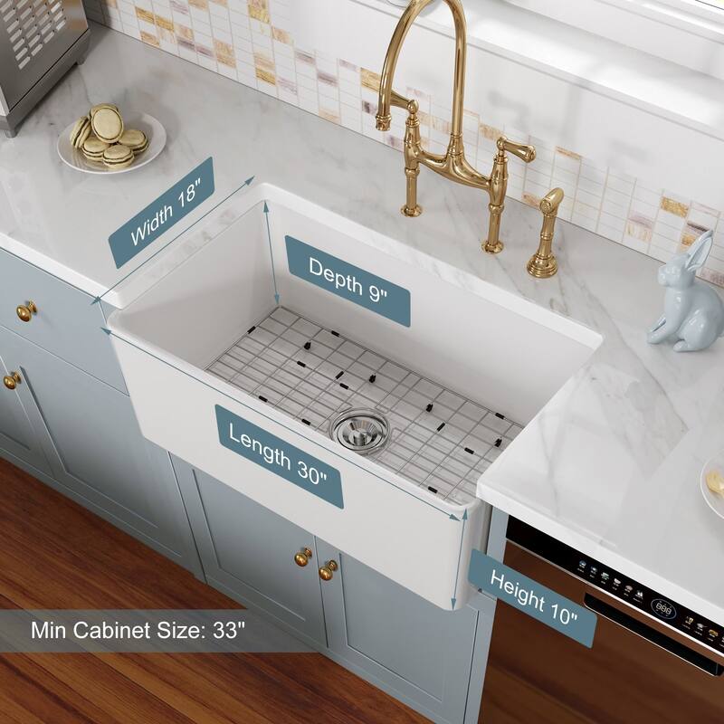 HOROW 30 in. Farmhouse/Apron-Front Single Bowl White Fireclay Kitchen Sink with Bottom Grid and Strainer