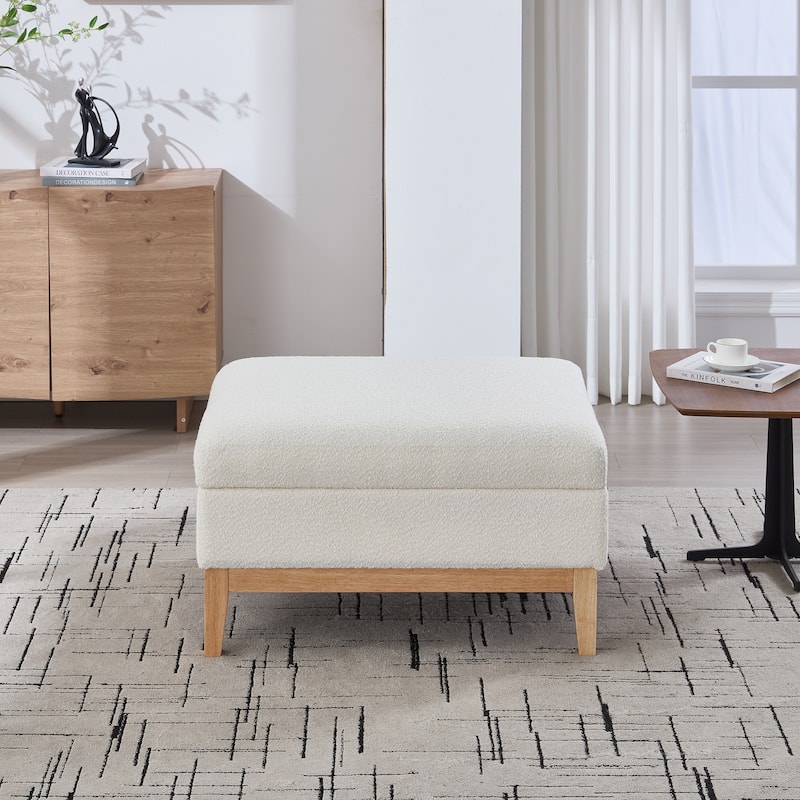 33.86"W Upholstered Wood Base Storage Ottoman With Reversible Lid Coffee Table, Foot Stool Square Footrest with Rubberwood Legs