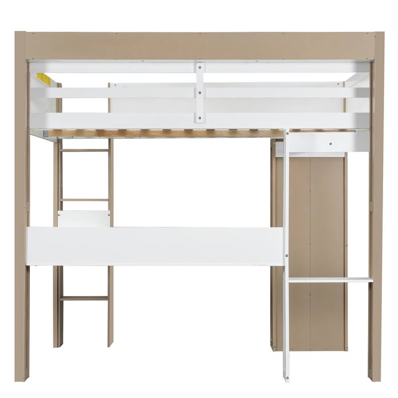 Full Size Wooden Loft Bed Frame with Built-in Storage Shelves, Open Cabinets, Clothes Rails and L-shape Desk
