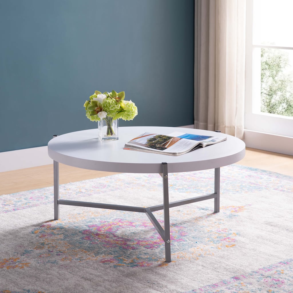 Round Coffee Table with Metal Legs in White and Silver - 36"L x 16.5"H x 36"W