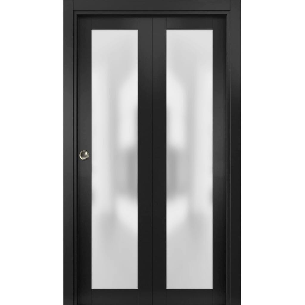 Sliding Closet Bi-fold Doors 18x80 Planum 2102 Matte Black Frosted Glass Sturdy Tracks Moldings Trims Hardware Set Wood Solid