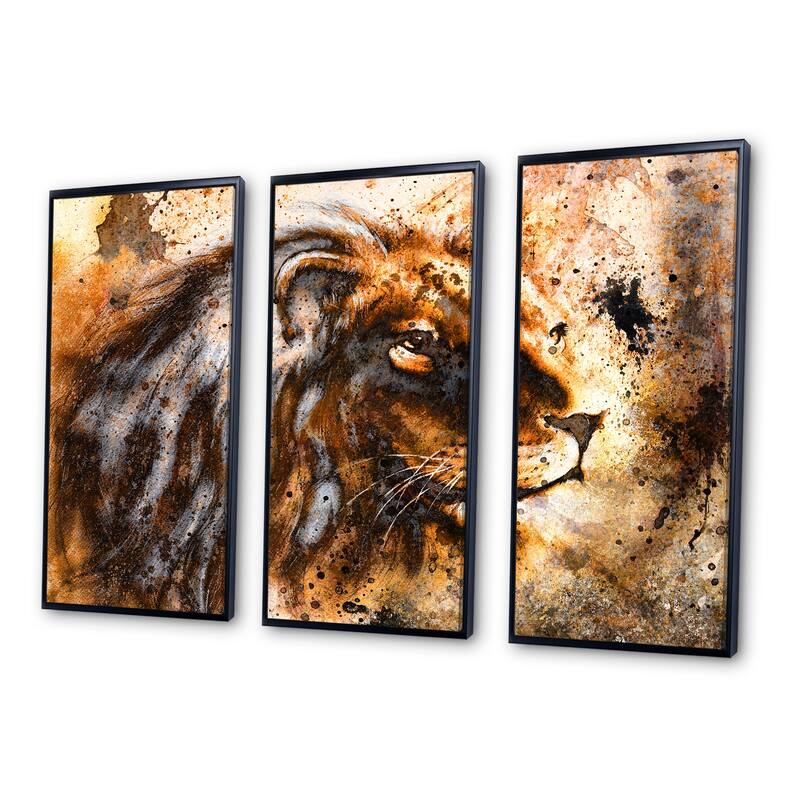 Designart "Lion Collage" Animal Framed Canvas Wall Art Set of 3 4