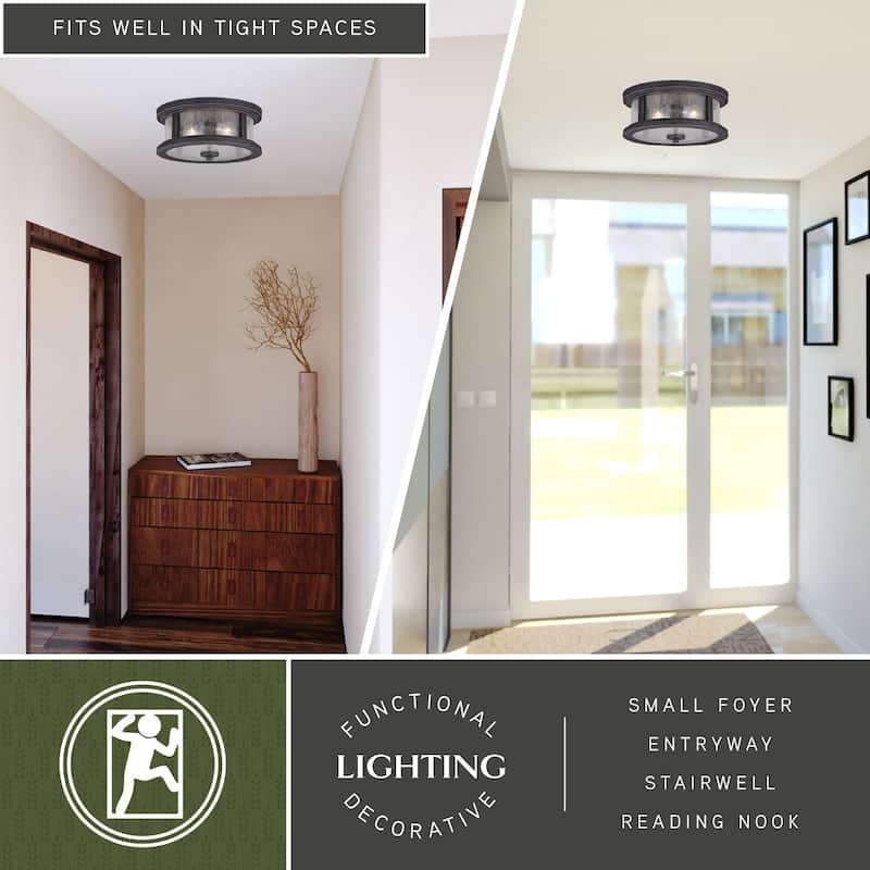 Cumberland Iron Bronze Rustic Outdoor Flush Mount Ceiling Light with Edison Bulbs - 13-in W x 6-in H x 13-in D