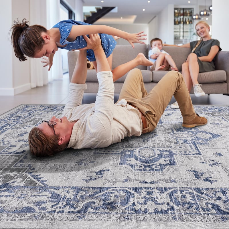 LOOM & LUXE Collection Blue/Grey/Oriental Non-Shedding Area Rug