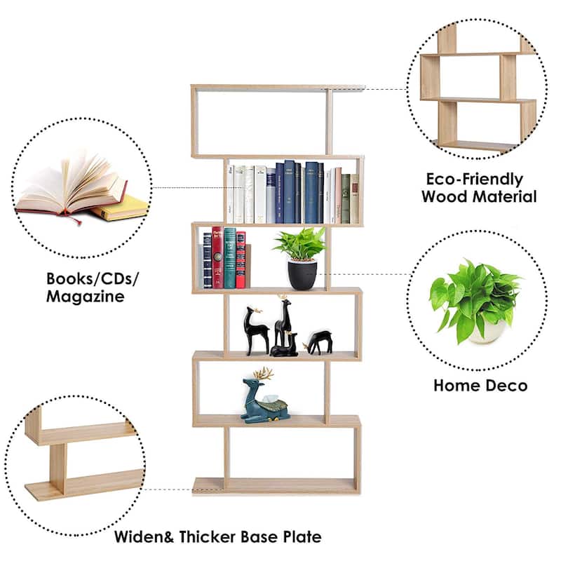 HOMCOM 75.5" H Bookcase 6 Shelf S-Shaped Bookshelf Wooden Storage Display Stand Shelf Organizer Free Standing Oak
