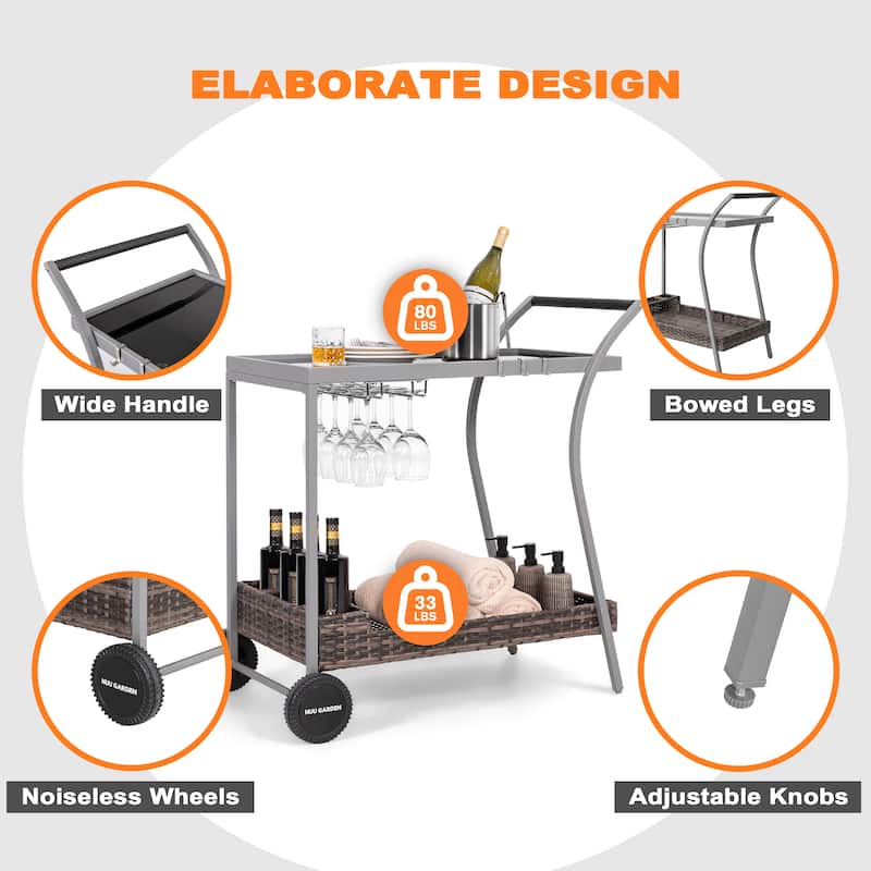 Outdoor 2-Tier Wicker Bar Cart on Wheels with Tempered Glass Board