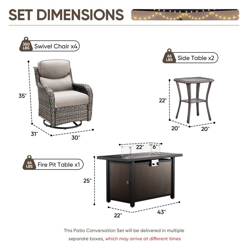 Pocassy Patio Sofa Swivel Chair Set with 43" Fire Pit Table