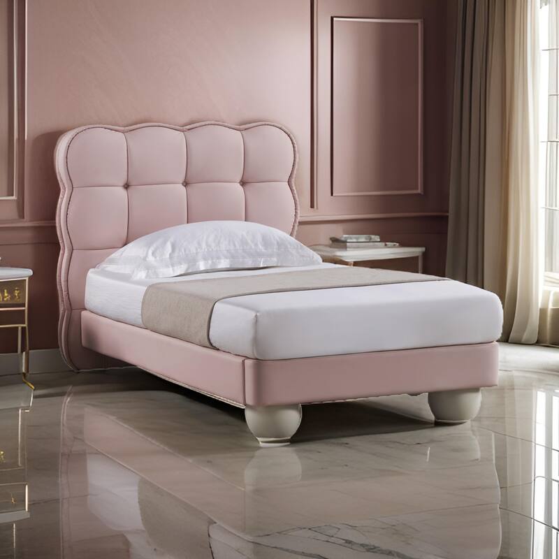 Jeny Full Size Bed, Pink Leather Upholstered Tufted Headboard, Wood