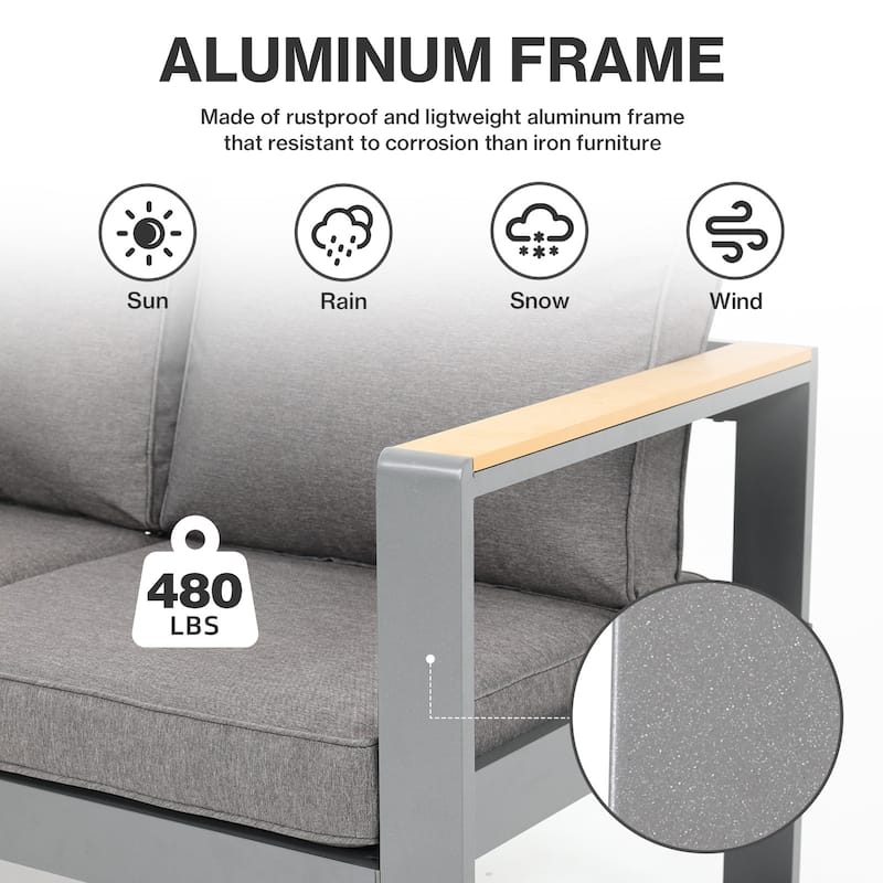 Aoodor Outdoor Aluminum Frame Loveseat with Grey Cushions, 53"W x 26"D x 26"H