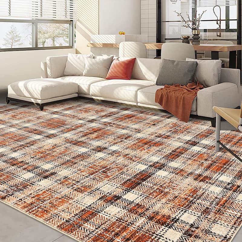Garvee Earthy Plaid Soft Low Pile Foldable Area Rug