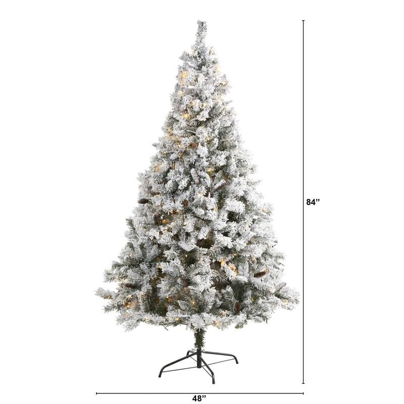 7ft Artificial Christmas Tree with Lights & Pinecones - Flocked Mountain Pine Holiday Decor - White - 84