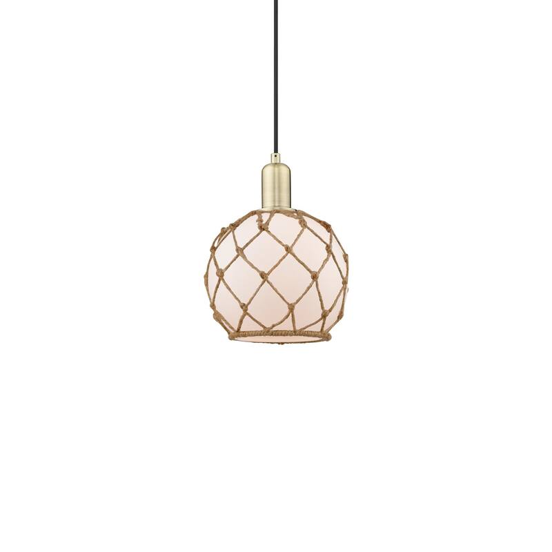 Innovations Lighting 716-1P-11-8 Farmhouse Rope Pendant Farmhouse Rope - Antique Brass / White Glass with Brown Rope