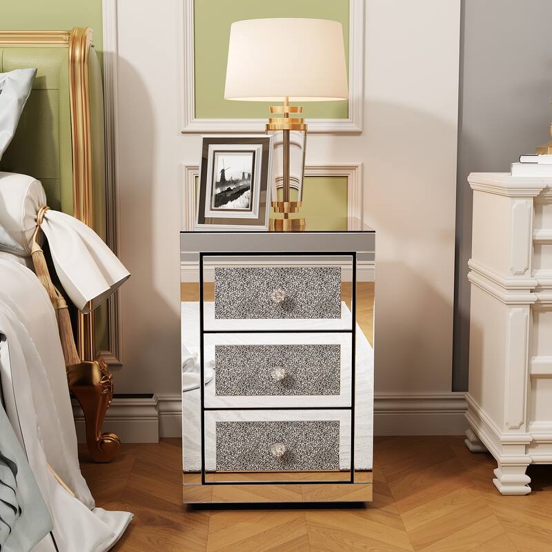 3-Drawer Mirrored Nightstand with Glitter Accents, Crystal Knobs & Silent Glide Drawers for Bedroom or Living Room