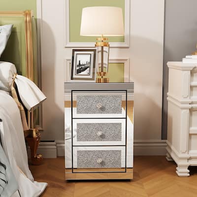Silver Mirrored 3-Drawer Nightstand - Glass Accent Bedside Table with Modern Elegance‌.