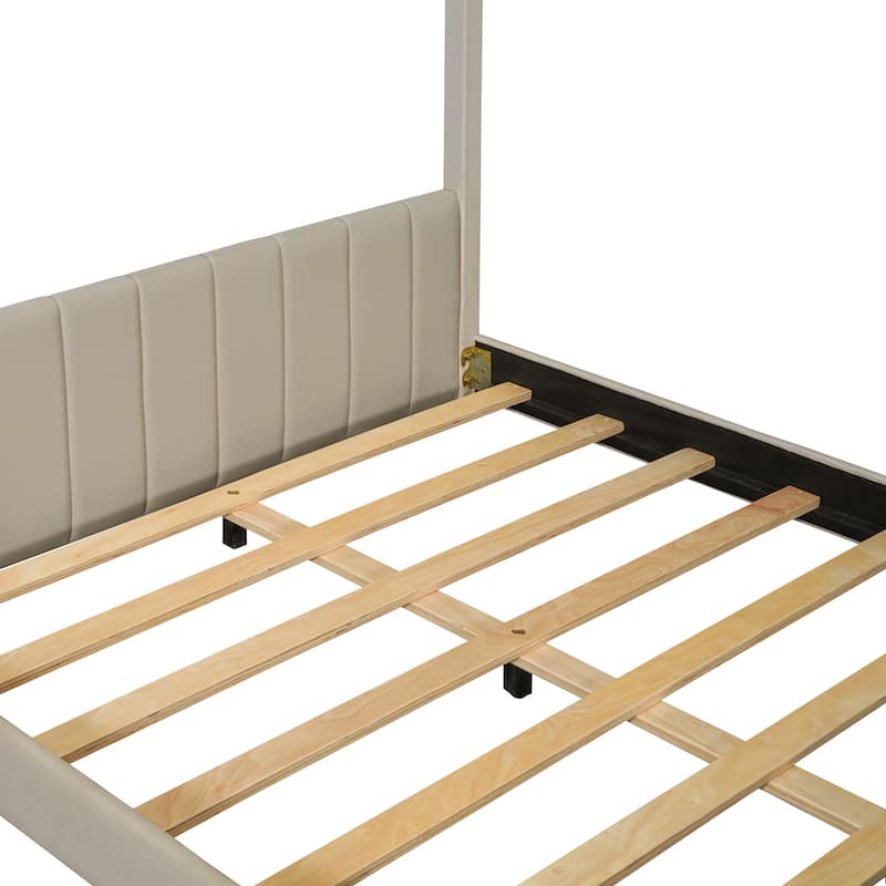 Full Size Modern Canopy Bed - Striped Headboard Design with Roof, Solid Pinewood Frame