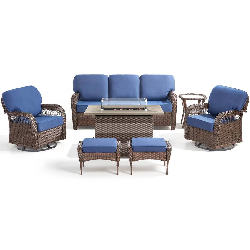 Pocassy Patio Sofa Ottoman Swivel Chair Table with Fire Table Set.