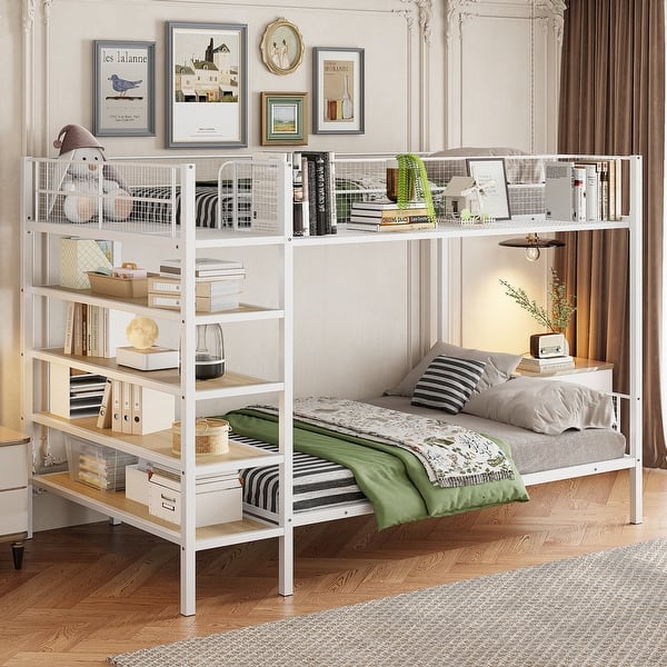 slide 2 of 18, Twin over Full Metal Bunk Bed with 5-Tier Shelves, White White