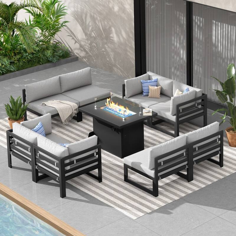 9-Piece Modern Aluminum Outdoor Furniture Set With Fire Pit Table Propane/Gas 60,000 BTU, Extra Large Aluminum Patio Sectional - Gray Frame - Light Gray