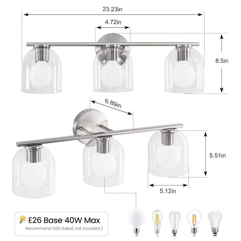 2/3/4-Light Dimmable Bathroom Vanity Light with Glass Shade - Matte Black