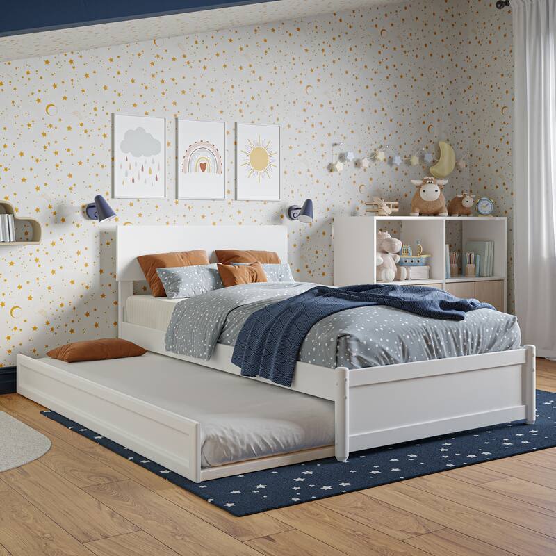 Wesley Twin Platform Bed with Panel Footboard & Twin Trundle in White