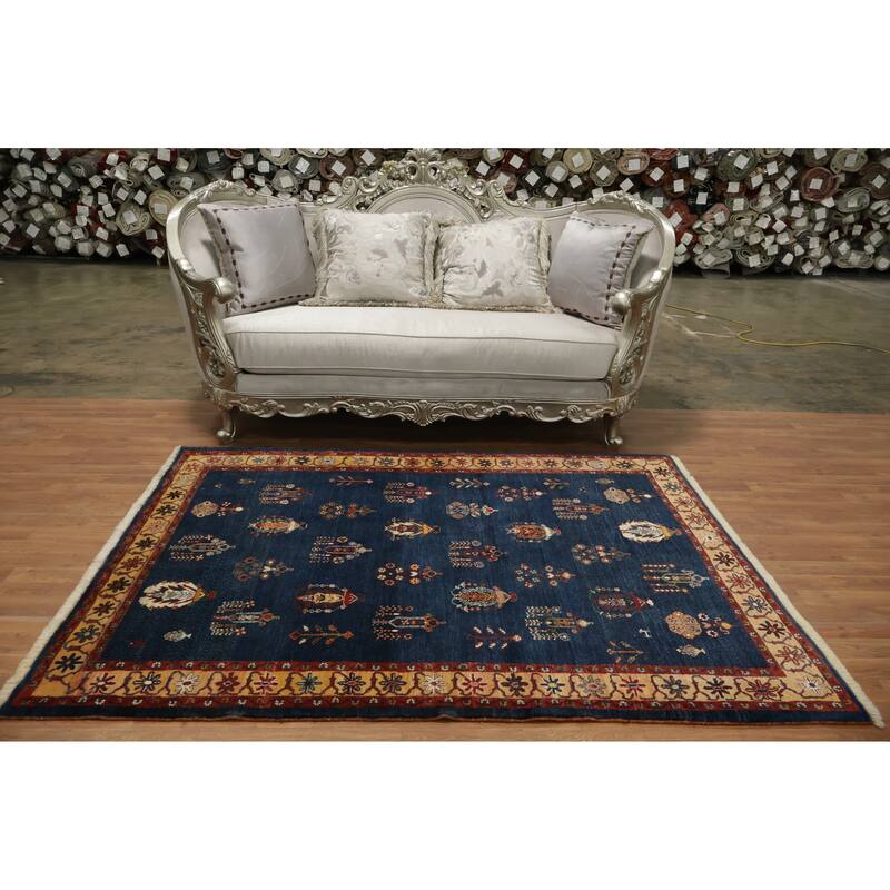 Hand Knotted Oriental 100% Wool Carpet Traditional Tribal Navy Blue & Blues Gabbeh (Qashqai) Area Rug - 6' 7'' X 4' 11''