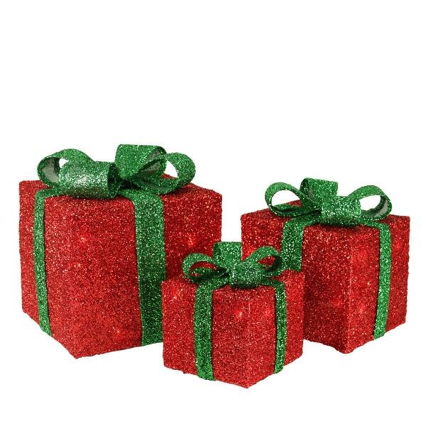 Shop Set Of 3 Red Tinsel Gift Boxes With Green Bows Lighted