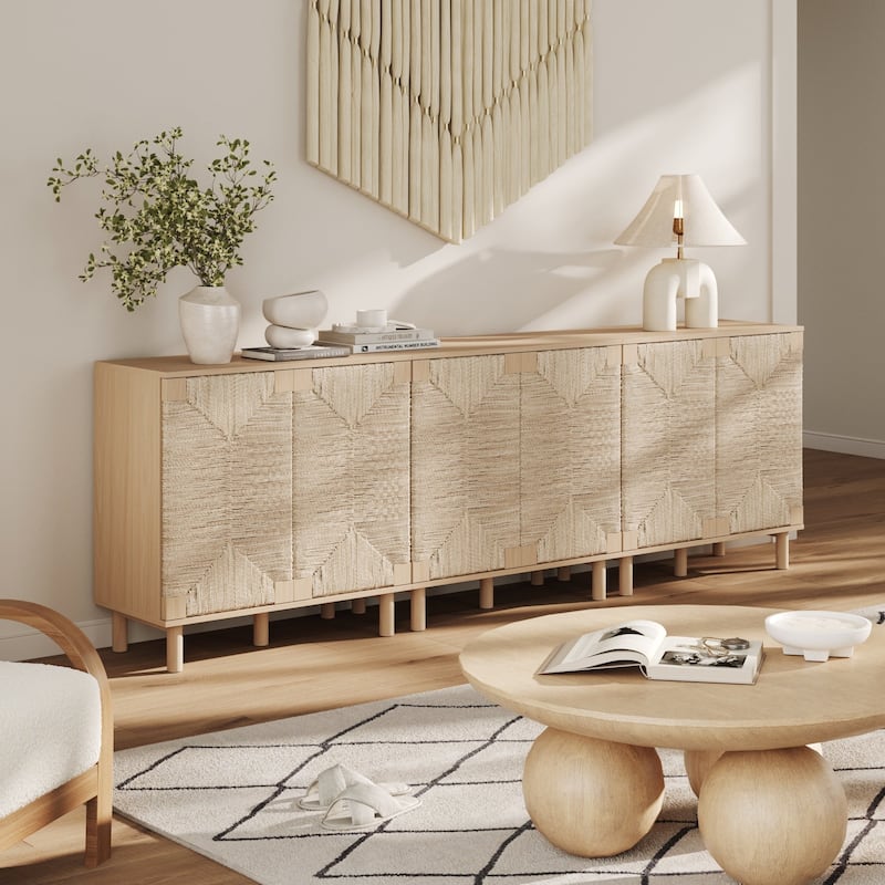 Nathan James Beacon Wood Accent Cabinet with Seagrass Doors and Adjustable Shelf