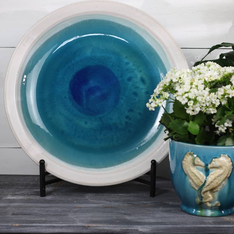 Euro Ceramica Grotto Blue 18" Tropical Decorative Round Platter with Stand - 18 in. x 18 in. x 2.25 in.