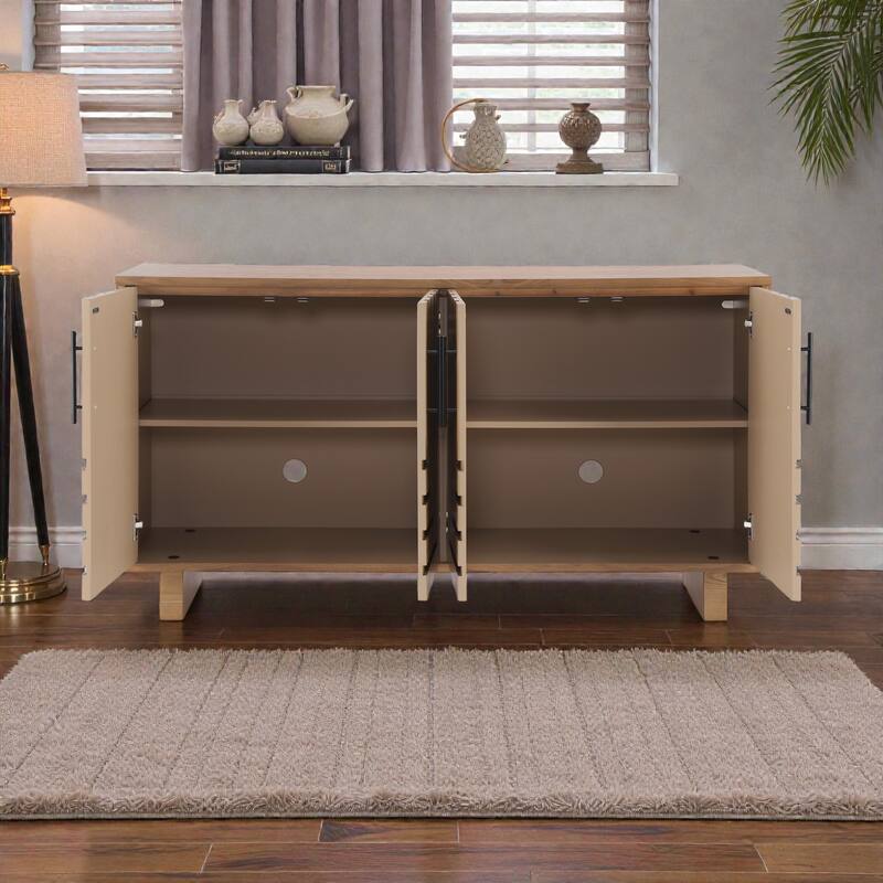 59'' Modern Black Sideboard Buffet Cabinet with 4 Doors, MDF & Ash Veneer Storage Console with Metal Handles