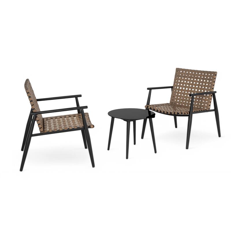 Roomfitters 3-Piece Outdoor Chat Set, PE Rattan Chairs with Glass Top Side Table, Black and Brown