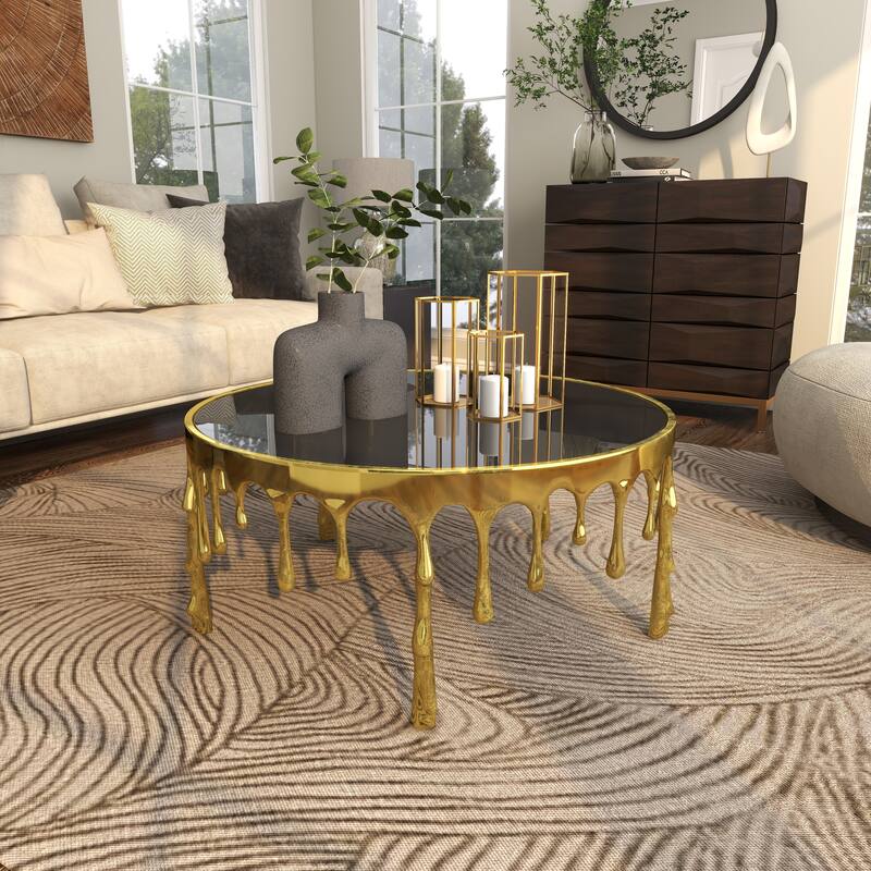 Aluminum Metal Accent, Console, and Coffee Table Collection with Drip Melting Design and Smoke Shaded Glass Top Multiple Colors