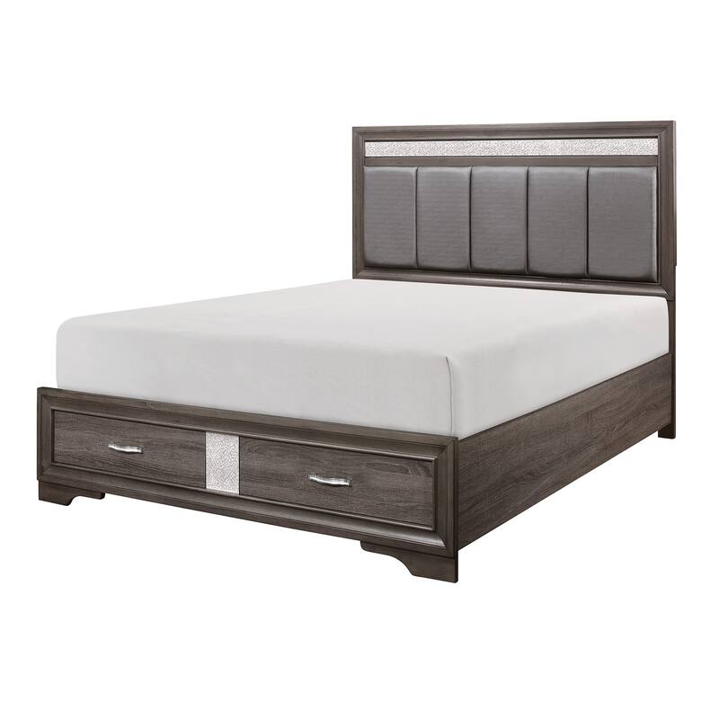 Gray and Silver Glitter Upholstered Queen Platform Bed with Footboard Drawers and Channel-Padded Headboard