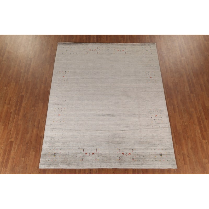Beige Tribal Gabbeh Area Rug Hand-Knotted Wool Carpet - 7'10" x 9'8"